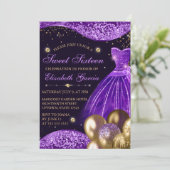 Invitation Robe violette, ballons pailletés et dorés Sweet 16 (Debout devant)