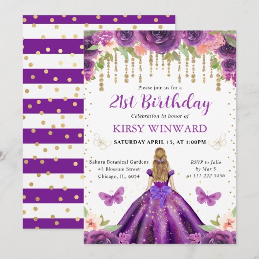 Invitation Robe violette Blonde Haired Princesse Anniversaire (Devant / Derrière)