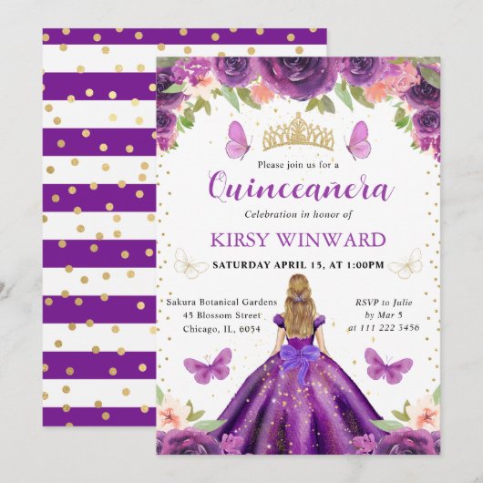 Invitation Robe violette Blonde Princesse Quinceanera (Devant / Derrière)