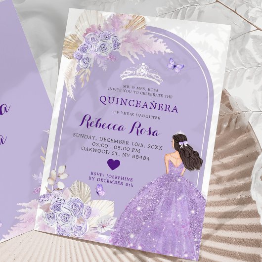 Invitation Robe violette Boho Princesse Floral Quinceañera