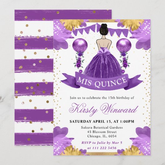 Invitation Robe violette Cheveux bruns Princesse Quinceanera (Devant / Derrière)