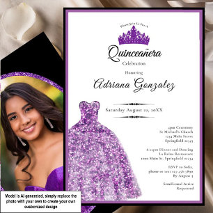 Invitation Robe violette élégante 15e anniversaire Quinceaner