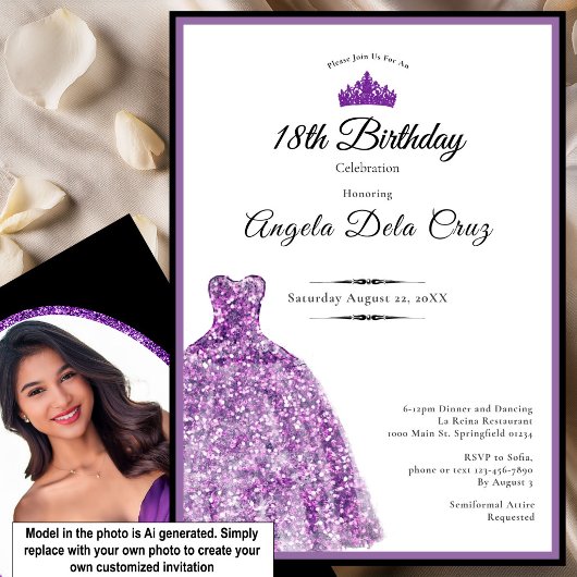 Invitation Robe violette élégante pour les 18 ans