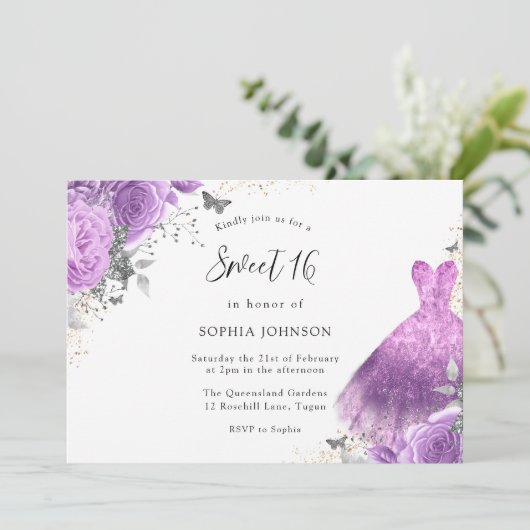 Invitation Robe violette et argentée et Rose papillon doux 16 (Debout devant)