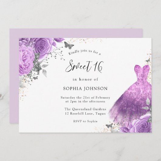 Invitation Robe violette et argentée et Rose papillon doux 16 (Devant / Derrière)