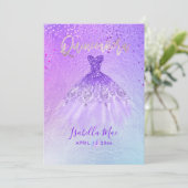 Invitation Robe violette et bleue de Quinceanera + Confettis (Debout devant)