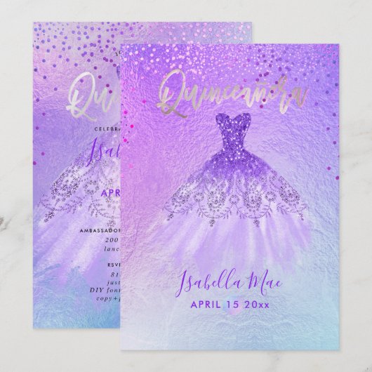 Invitation Robe violette et bleue de Quinceanera + Confettis (Devant / Derrière)