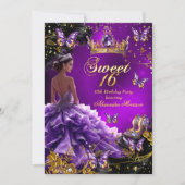 Invitation Robe violette et or pour 16ème anniversaire Papill (Devant)