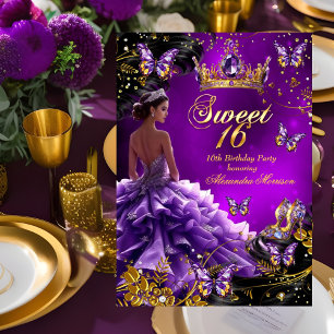 Invitation Robe violette et or pour 16ème anniversaire Papill