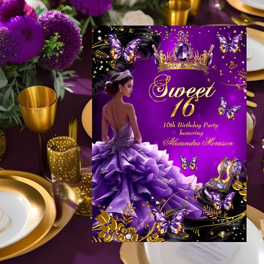 Invitation Robe violette et or pour 16ème anniversaire Papill