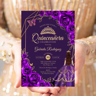Invitation Robe violette et or pour Quinceanera Florale
