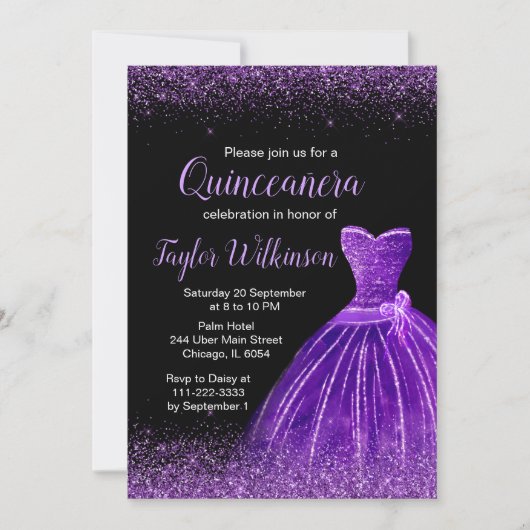 Invitation Robe violette foncée Faux Parties scintillant Quin (Devant)