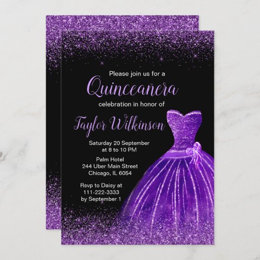 Invitation Robe violette foncée Faux Parties scintillant Quin (Devant / Derrière)