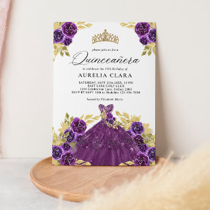 Invitation Robe violette Glam Floral 15e Quinceañera
