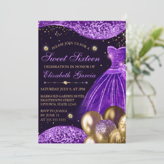 Invitation Robe violette & Parties scintillant or Ballons dou (Debout devant)