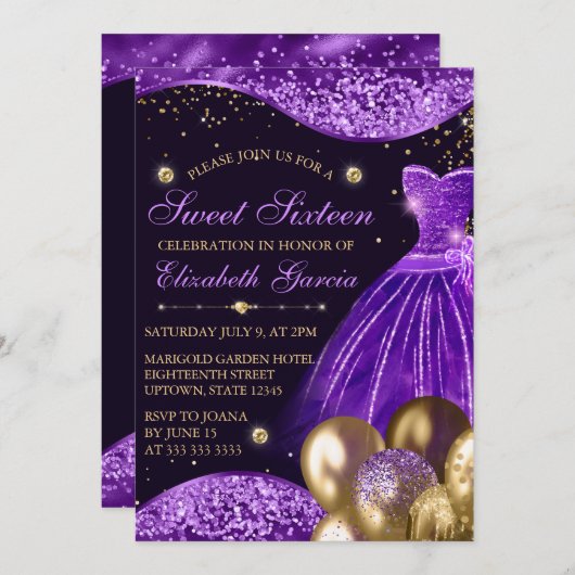 Invitation Robe violette & Parties scintillant or Ballons dou (Devant / Derrière)