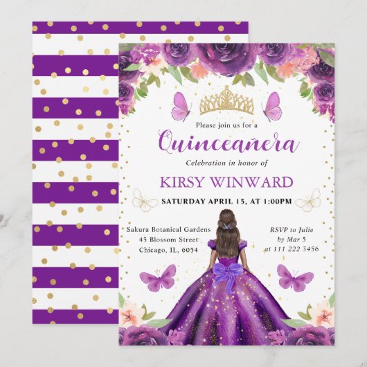 Invitation Robe violette Peau foncée princesse Quinceanera (Devant / Derrière)