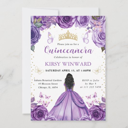Invitation Robe violette Peau foncée princesse Quinceanera (Devant)