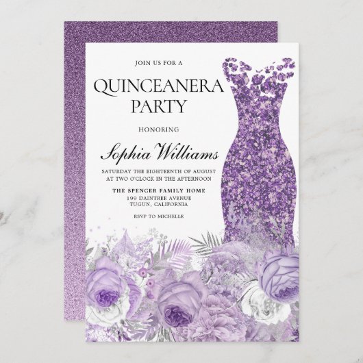 Invitation Robe violette & Quinceanera Florale (Devant / Derrière)