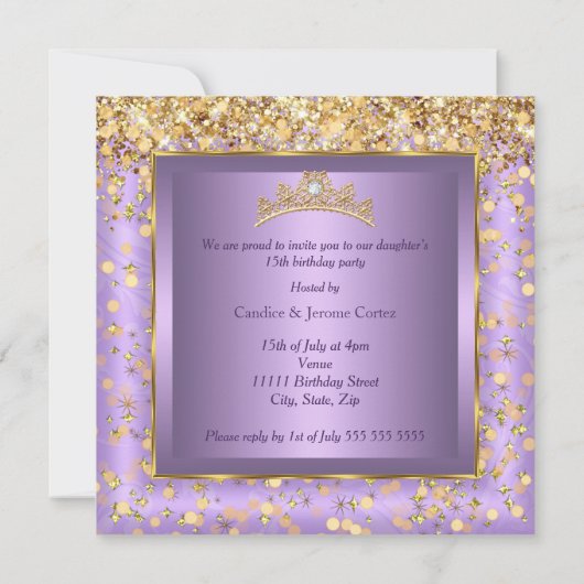 Invitation Robe violette Quinceañera Party talons hauts Or (Dos)