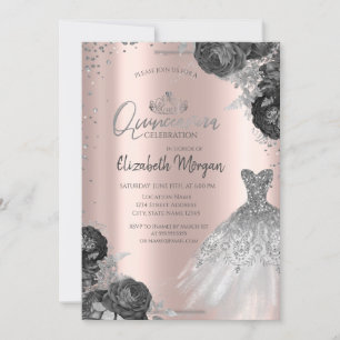 Invitation Robes argentées Roses Diamants Rose Gold Quinceañe