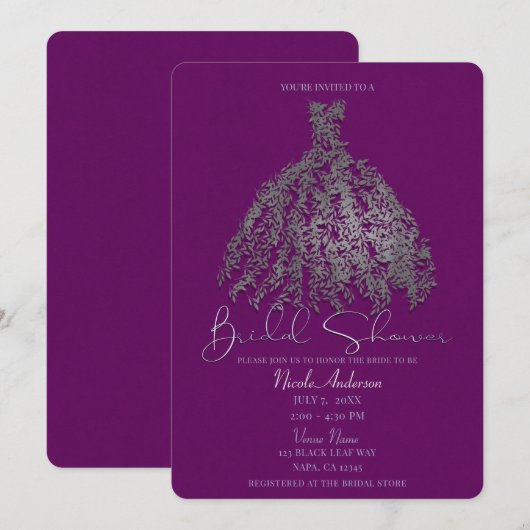 Invitation Robes aux feuilles botaniques argentées violettes  (Devant / Derrière)