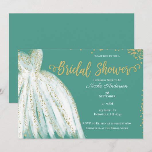 Invitation Robes blanches et paillettes dorées Fête de douche (Devant / Derrière)