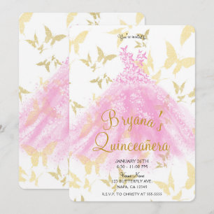 Invitation Robes de danse papillon rose et or pour Quinceañer