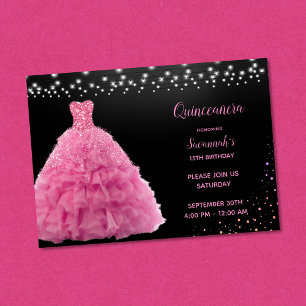 Invitation Robes de princesse Quinceanera noire rose lumières