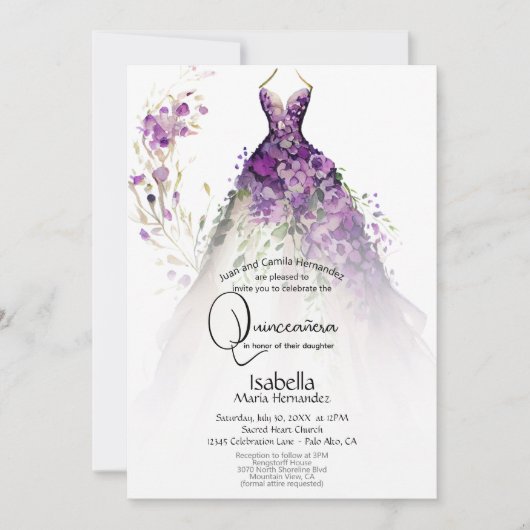 Invitation Robes de Quinceañera | Fleurs violettes (Devant)