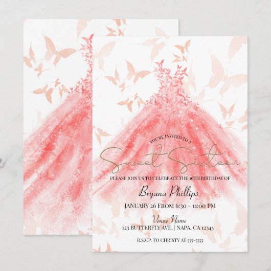 Invitation Robes de soirée corail danse papillon or fête Swee (Devant / Derrière)