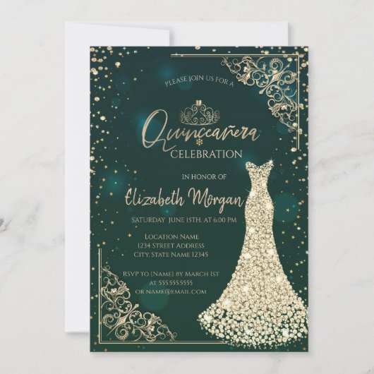 Invitation Robes Diamants Or Diadème Vert Quinceañera (Devant)