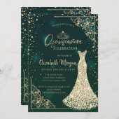 Invitation Robes Diamants Or Diadème Vert Quinceañera (Devant / Derrière)