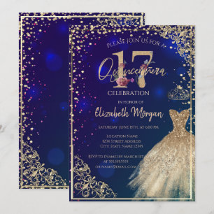 Invitation Robes dorées Diamants Floral Bleu Quinceañera