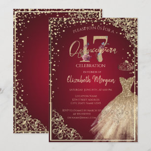 Invitation Robes dorées Diamants Floral Rouge Quinceañera