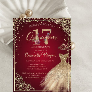 Invitation Robes dorées Diamants Floral Rouge Quinceañera