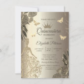 Invitation Robes,Papillons Fleurs Dorés Quinceañera (Devant)