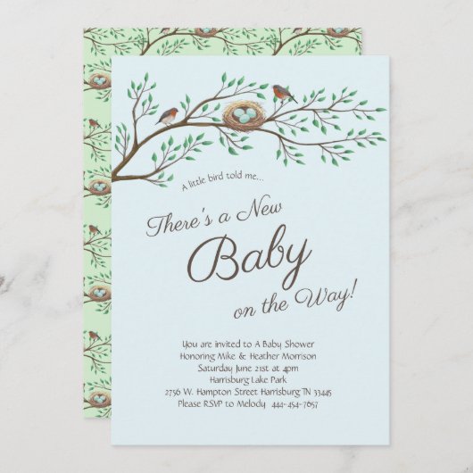 Invitation Robin Bird Spring Baby shower Co-Ed Genre Neutre (Devant / Derrière)