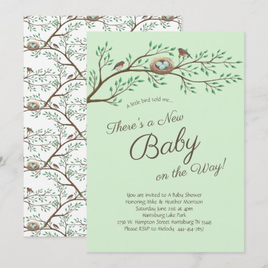 Invitation Robin Bird Spring Baby shower Co-Ed Genre Neutre (Devant / Derrière)
