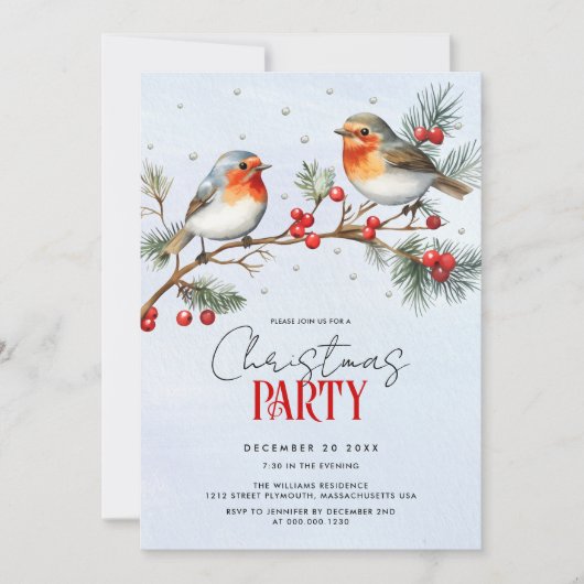 Invitation Robin birds, branch and berries Christmas holiday (Devant)