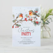 Invitation Robin birds, branch and berries Christmas holiday (Debout devant)