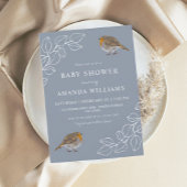 Invitation Robin Botanique Dusty Baby shower bleu