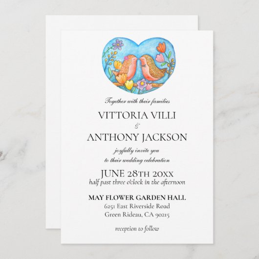 Invitation Robin Couple Oiseaux mignons do-it-yourself Jardin (Devant / Derrière)