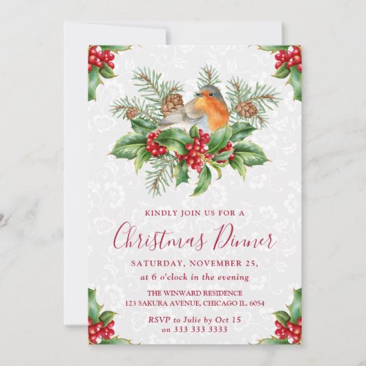 Invitation Robin et Holly Berry Dîner de Noël (Devant)