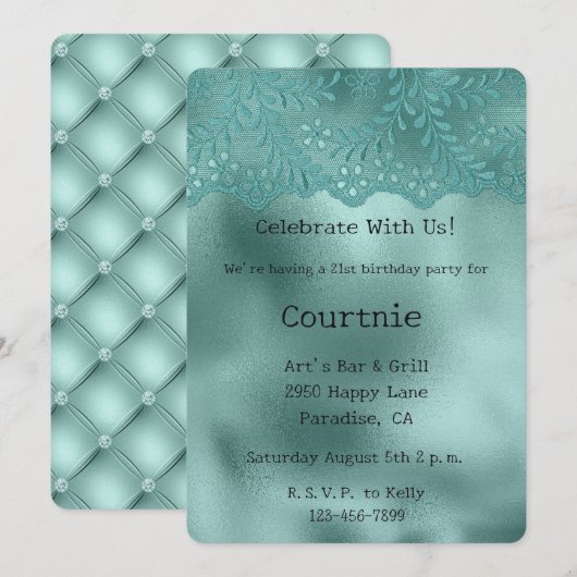 Invitation Robin Oeuf Dentelle verte et diamants Anniversaire (Devant / Derrière)