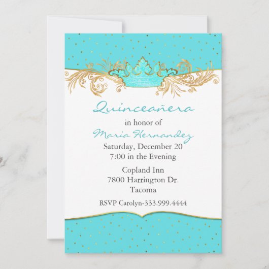 Invitation Robins Egg Blue et Gold Quinceañera (Devant)