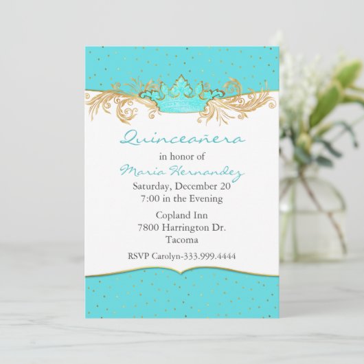 Invitation Robins Egg Blue et Gold Quinceañera (Debout devant)