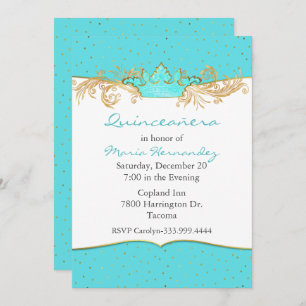 Invitation Robins Egg Blue et Gold Quinceañera