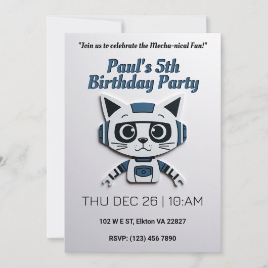 Invitation Robo Chat Anniversaire Feline Fun (Devant)