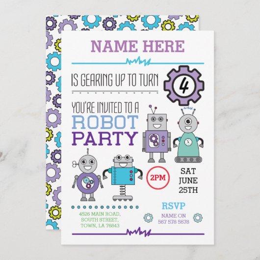 Invitation ROBOT Anniversaire Fête Blue Gears Cogs Robots Inv (Devant / Derrière)